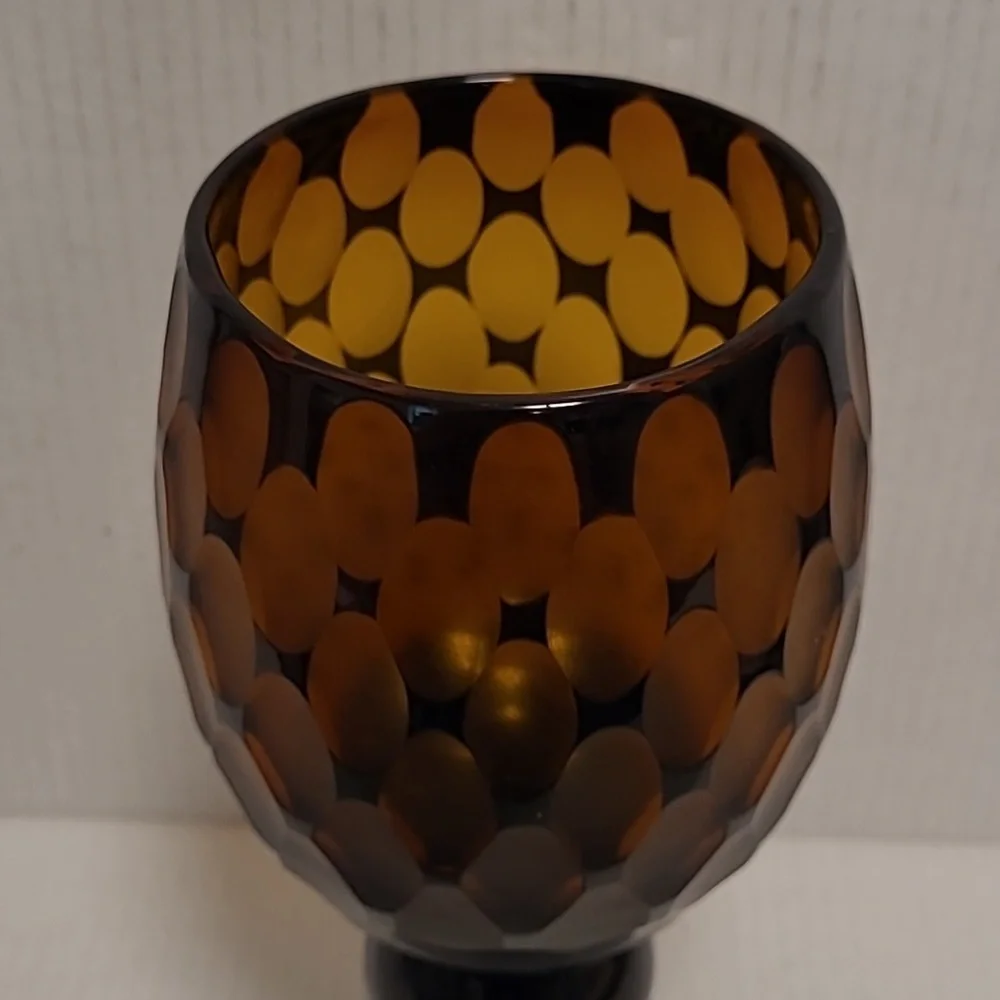 Vintage Murano Style Black Cut to Amber Vase / Candle Holder